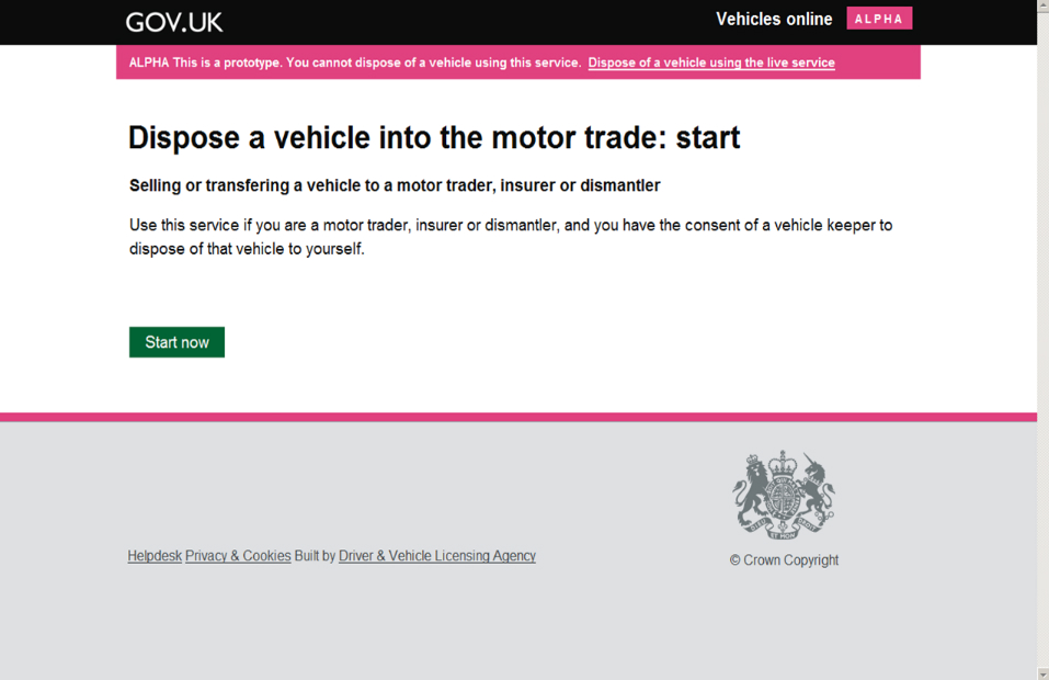 Vehicle mangement service screen from GOV.UK 