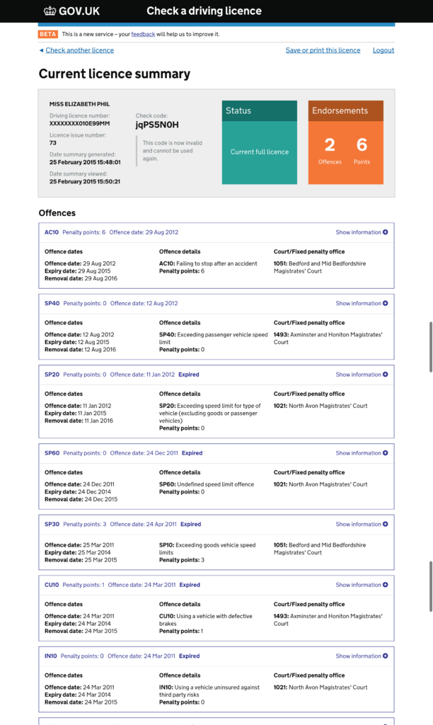 screen shot of check a driving licence summary page