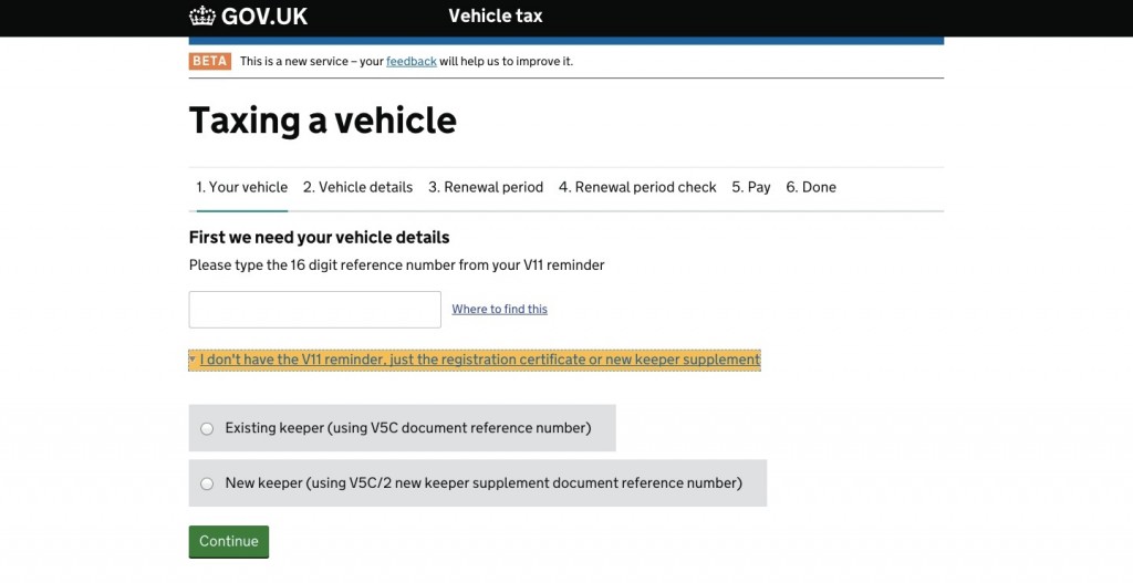 Taxing a vehicle online service start page giving users the option to say if you're an existing keeper or a new keeper 