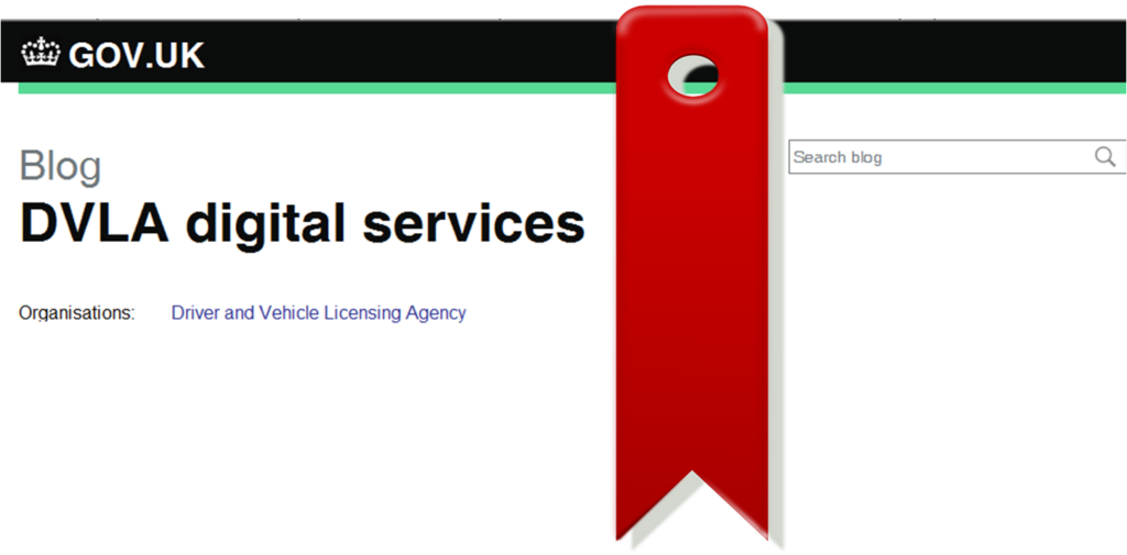 DVLA digital services blog homepage displaying a red digital bookmark