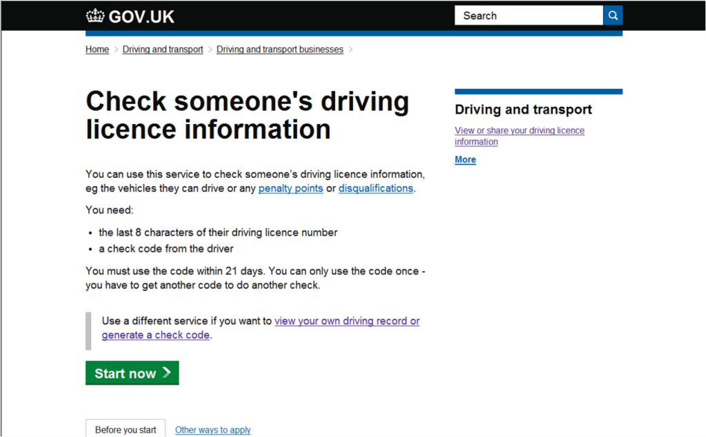 Check someone's driving licence information start page