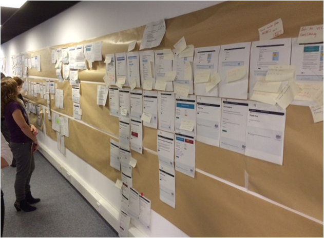 DVLA staff looking at paper copies of each service placed on a wall
