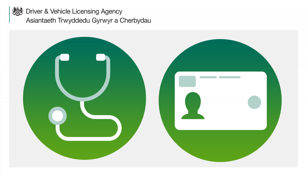 2 green circles with a stethoscope in one and a photocard driving licence in the other 