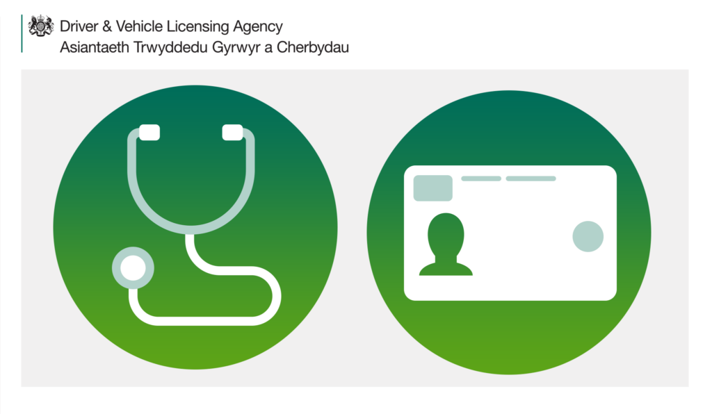 2 green circles with a stethoscope in one and a photocard driving licence in the other 