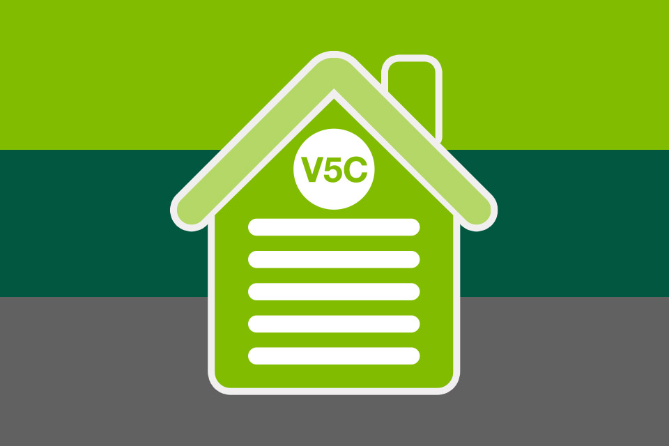 small green house logo with V5C on the front on a striped background