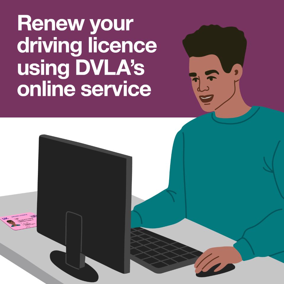 Illustration of a person using a computer with the text 'Renew your driving licence using DVLA's online service'