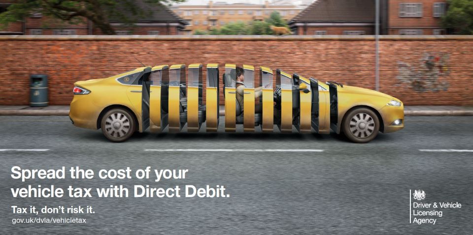 Car split into 12 sections. Text reads, "Spread the cost of your vehicle tax with Direct Debit. Tax it, don't risk it."