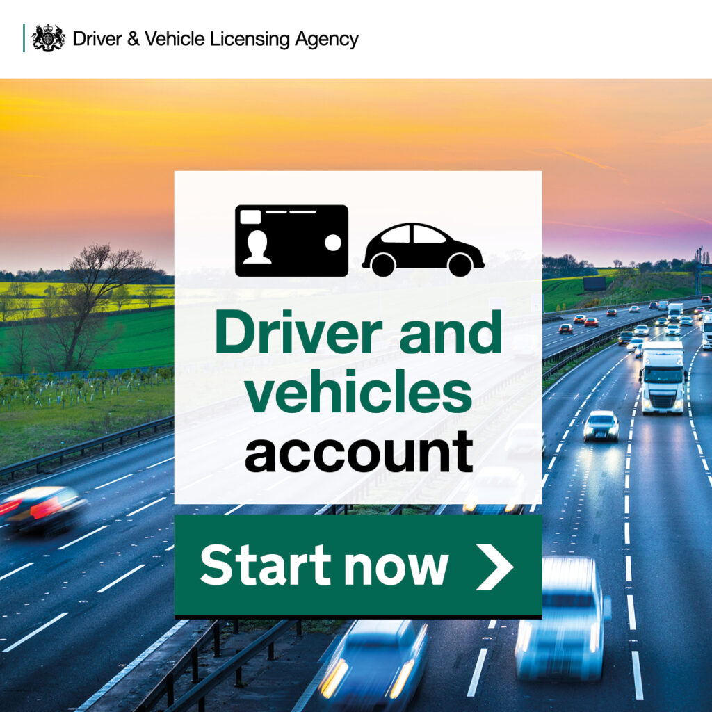 Image by DVLA of vehicles driving along a motorway, with a text box saying "Driver and vehicles account" and another text box saying "start now" with an arrow